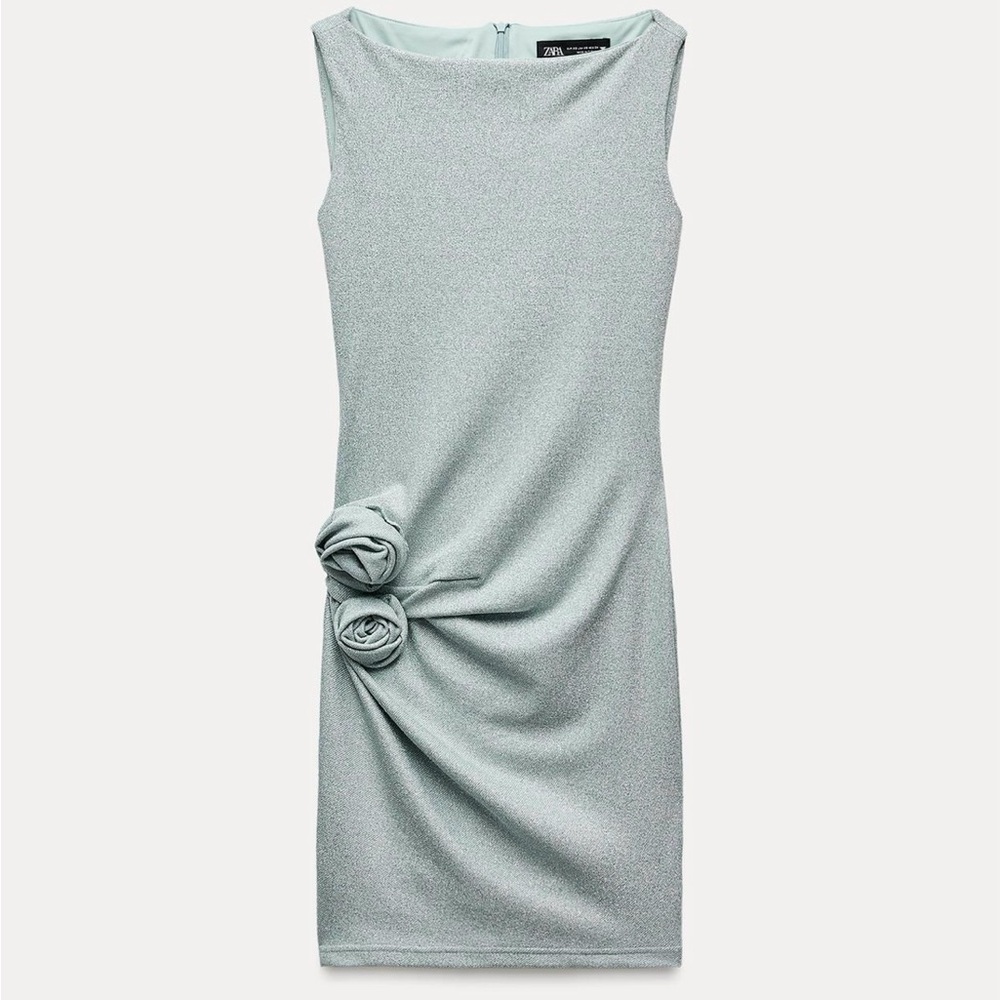 Metallic thread dress with raised flowers